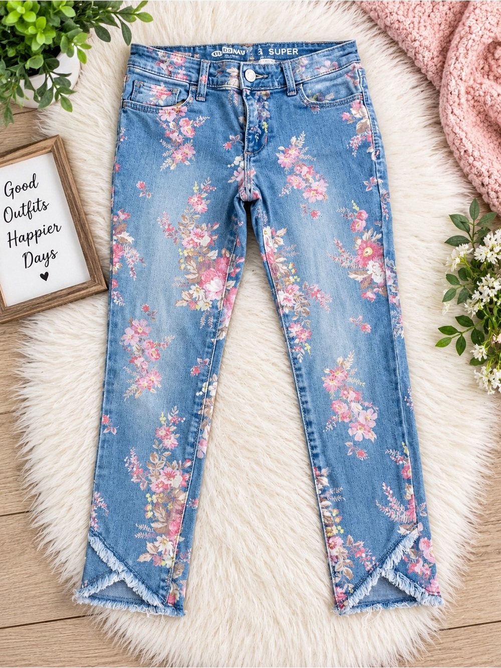 Old Navy Blue Denim Jeans with Pink Floral Print